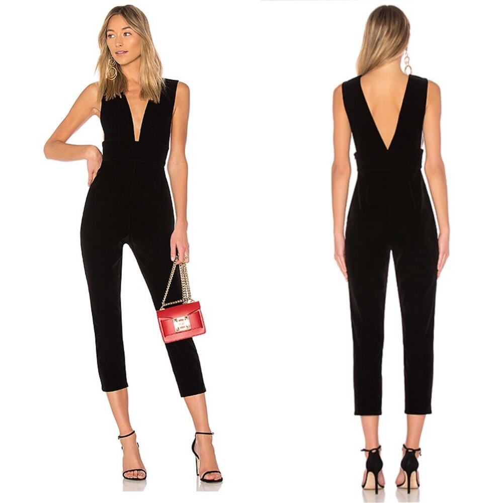 By the Way. Gloria Deep V Black Velvet Jumpsuit Size Small